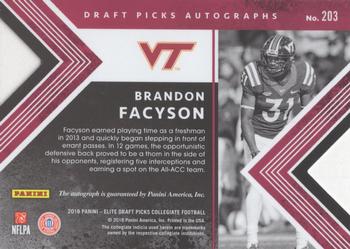 2018 Panini Elite Draft Picks - Draft Picks Autographs Status Die Cut Purple #203 Brandon Facyson Back