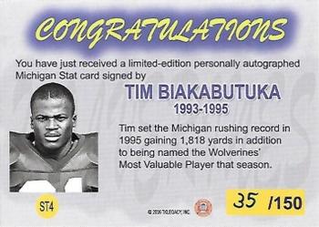 2002 TK Legacy Michigan Wolverines - M-Stat Autographs #ST4 Tim Biakabutuka Back