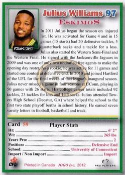 2012 JOGO CFLPA Pro Players #59 Julius Williams Back