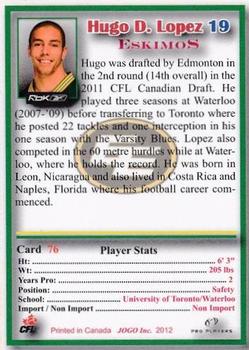 2012 JOGO CFLPA Pro Players #76 Hugo Lopez Back