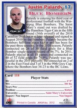 2012 JOGO CFLPA Pro Players #118 Justin Palardy Back