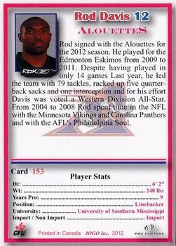 2012 JOGO CFLPA Pro Players #153 Rod Davis Back