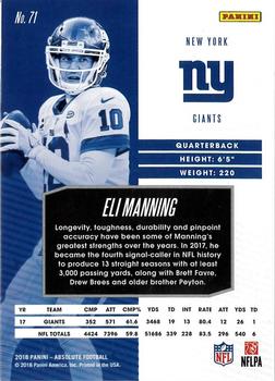 2018 Panini Absolute #71 Eli Manning Back