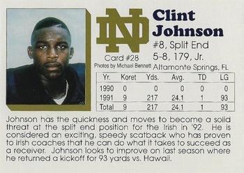 1992 Notre Dame Fighting Irish #28 Clint Johnson Back