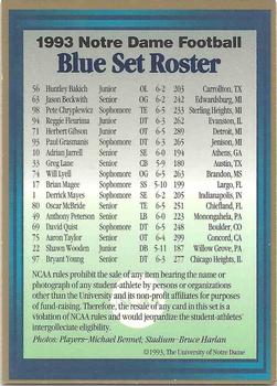 1993 Notre Dame Fighting Irish #NNO Blue Roster Checklist Back