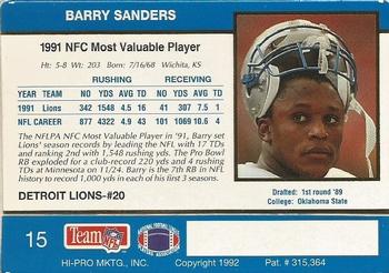1992 Action Packed NFLPA/MDA 24K #15 Barry Sanders Back