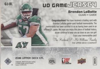 2018 Upper Deck CFL - UD Game Jersey #GJ-BL Brendon LaBatte Back