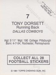 1981 Topps Red Border Stickers #7 Tony Dorsett Back