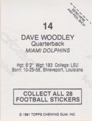 1981 Topps Red Border Stickers #14 David Woodley Back