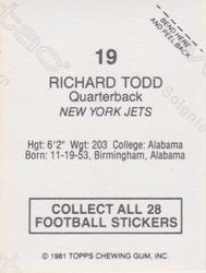 1981 Topps Red Border Stickers #19 Richard Todd Back