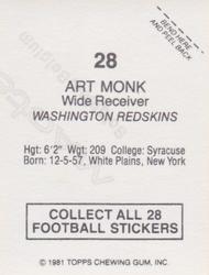 1981 Topps Red Border Stickers #28 Art Monk Back