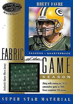 2001 Leaf Certified Materials - Fabric of the Game Gold #FG-41 Brett Favre Front