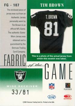 2001 Leaf Certified Materials - Fabric of the Game Platinum Blue #FG-107 Tim Brown Back