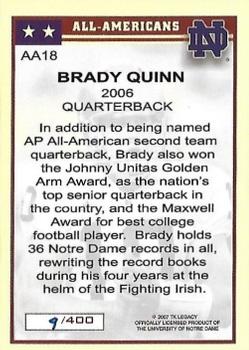 2003-09 TK Legacy Notre Dame Fighting Irish - All-American #AA18 Brady Quinn Back