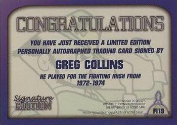 2003-09 TK Legacy Notre Dame Fighting Irish - Fighting Irish Signature Edition #FI19 Greg Collins Back