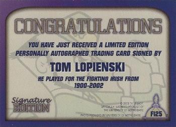 2003-09 TK Legacy Notre Dame Fighting Irish - Fighting Irish Signature Edition #FI25 Tom Lopienski Jr. Back