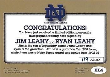 2003-09 TK Legacy Notre Dame Fighting Irish - Historical Links Autographs #HL4 Jim Leahy / Ryan Leahy Back