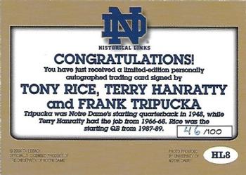 2003-09 TK Legacy Notre Dame Fighting Irish - Historical Links Autographs #HL8 Tony Rice / Frank Tripucka / Terry Hanratty Back