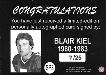 2003-09 TK Legacy Notre Dame Fighting Irish - Silver Signature Autographs #SP3 Blair Kiel Back