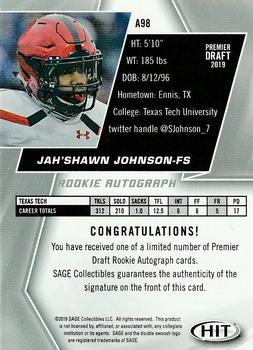 2019 SAGE HIT - Autographs #A98 Jah'Shawn Johnson Back