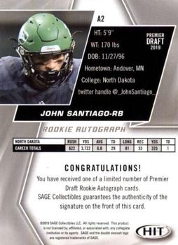 2019 SAGE HIT - Autographs Red #A2 John Santiago Back