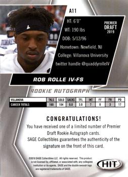 2019 SAGE HIT - Autographs Red #A11 Rob Rolle IV Back