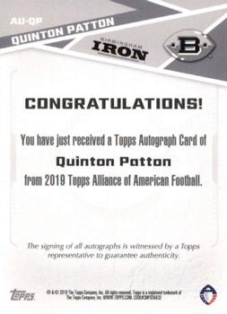 2019 Topps AAF - Autograph #AU-QP Quinton Patton Back