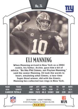 2019 Panini Legacy #74 Eli Manning Back