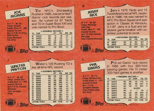 1987 Topps - Wax Box Bottom Panels #I-L Joe Morris / Walter Payton / Jerry Rice / Phil Simms Back