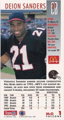 1993 GameDay McDonald's Atlanta Falcons #1 Deion Sanders Back
