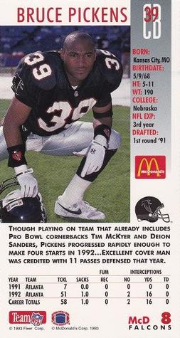 1993 GameDay McDonald's Atlanta Falcons #8 Bruce Pickens Back