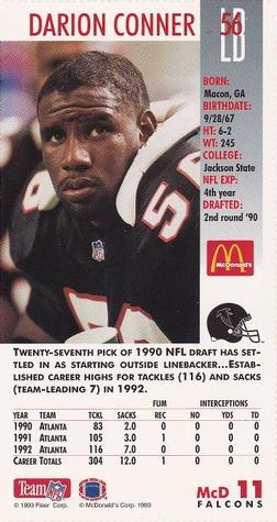 1993 GameDay McDonald's Atlanta Falcons #11 Darion Conner Back