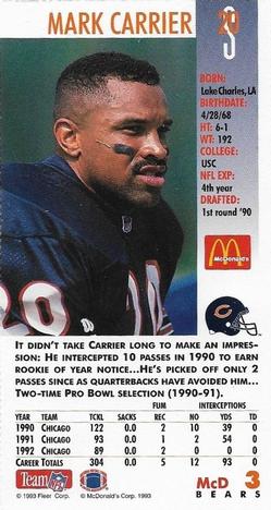 1993 GameDay McDonald's Chicago Bears #3 Mark Carrier Back