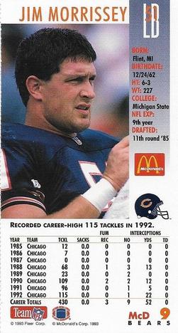 1993 GameDay McDonald's Chicago Bears #9 Jim Morrissey Back