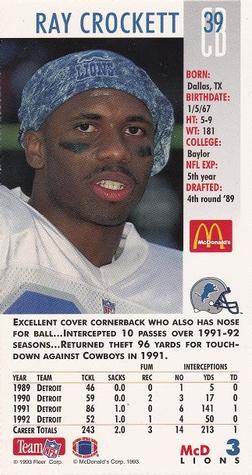 1993 GameDay McDonald's Detroit Lions #3 Ray Crockett Back