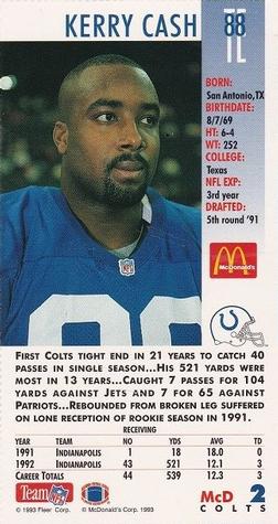 1993 GameDay McDonald's Indianapolis Colts #2 Kerry Cash Back