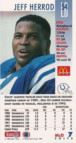 1993 GameDay McDonald's Indianapolis Colts #7 Jeff Herrod Back