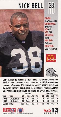 1993 GameDay McDonald's Los Angeles Raiders #13 Nick Bell Back