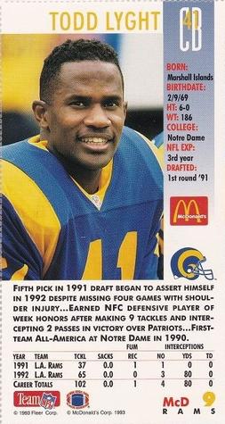 1993 GameDay McDonald's Los Angeles Rams #9 Todd Lyght Back
