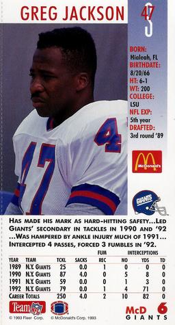 1993 GameDay McDonald's New York Giants #6 Greg Jackson Back