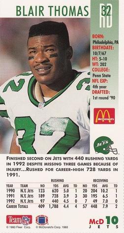 1993 GameDay McDonald's New York Jets #10 Blair Thomas Back