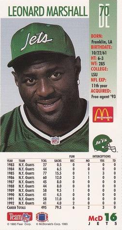 1993 GameDay McDonald's New York Jets #16 Leonard Marshall Back