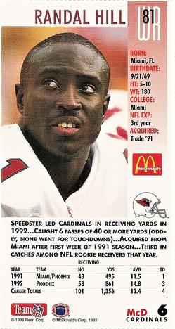 1993 GameDay McDonald's Phoenix Cardinals #6 Randal Hill Back