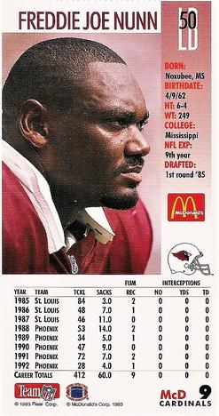 1993 GameDay McDonald's Phoenix Cardinals #9 Freddie Joe Nunn Back