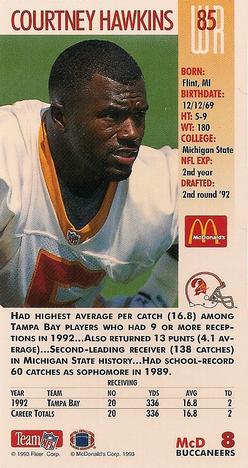 1993 GameDay McDonald's Tampa Bay Buccaneers #8 Courtney Hawkins Back