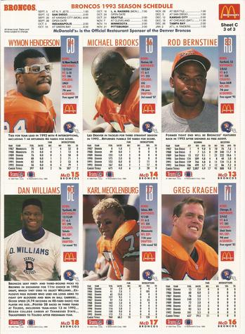 1993 GameDay McDonald's Denver Broncos - Full Panels #3 Rod Bernstine / Michael Brooks / Wymon Henderson / Greg Kragen / Karl Mecklenburg / Dan Williams Back