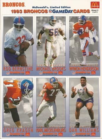 1993 GameDay McDonald's Denver Broncos - Full Panels #3 Rod Bernstine / Michael Brooks / Wymon Henderson / Greg Kragen / Karl Mecklenburg / Dan Williams Front