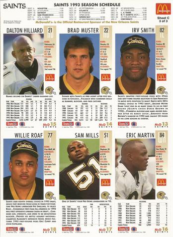 1993 GameDay McDonald's New Orleans Saints - Full Panels #3 Dalton Hilliard / Eric Martin / Sam Mills / Brad Muster / Willie Roaf / Irv Smith Back