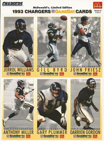 1993 GameDay McDonald's San Diego Chargers - Full Panels #3 Gill Byrd / John Friesz / Darrien Gordon / Anthony Miller (b. 1965) / Gary Plummer / Jerrol Williams Front