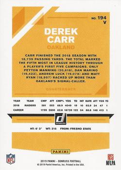 2019 Donruss #194V Derek Carr Back